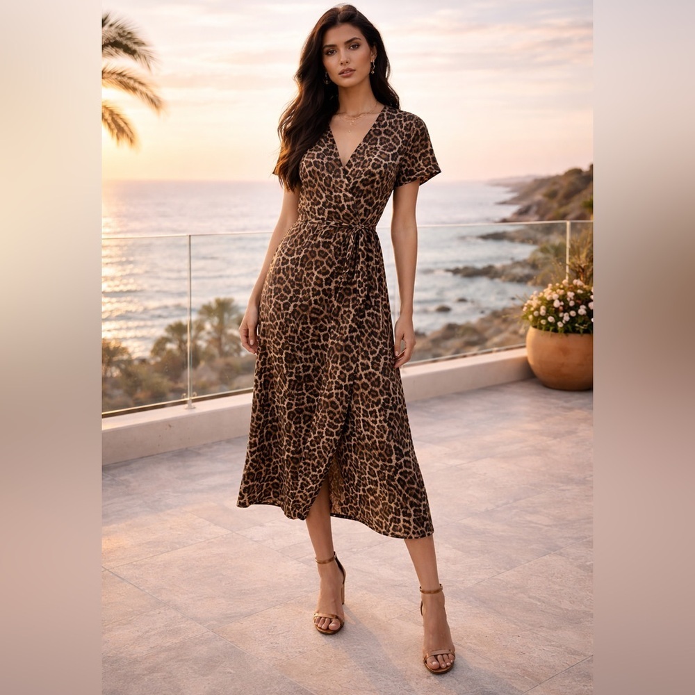 H&M Leopard Wrap Midi Dress Brown Belted Short Sleeve Sz 2 Y2K Chic NWT